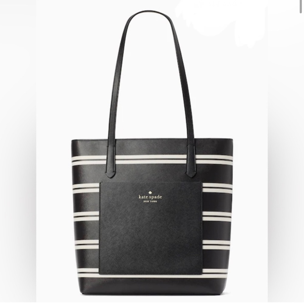 Kate Spade Black and White Striped Tote with Pocket in Front